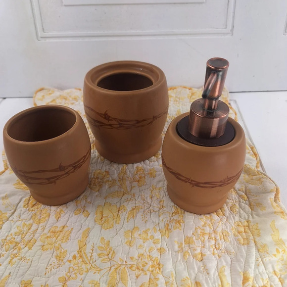 Country Living Barbwire Bath Set Rinse Cup Cotton/QTip Container Soap Pump Brown - Picture 2 of 13
